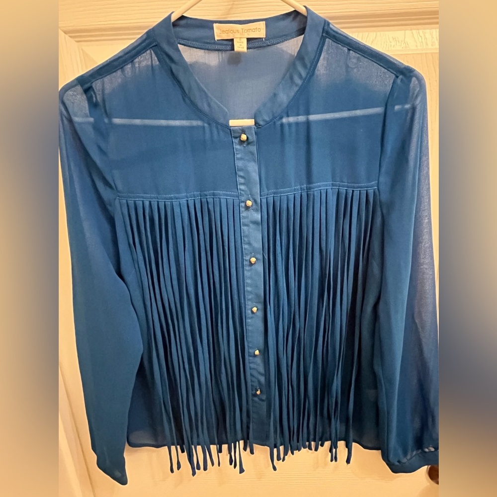 Jealous Tomato Blue Long Sleeve Fringe Button Front Blouse